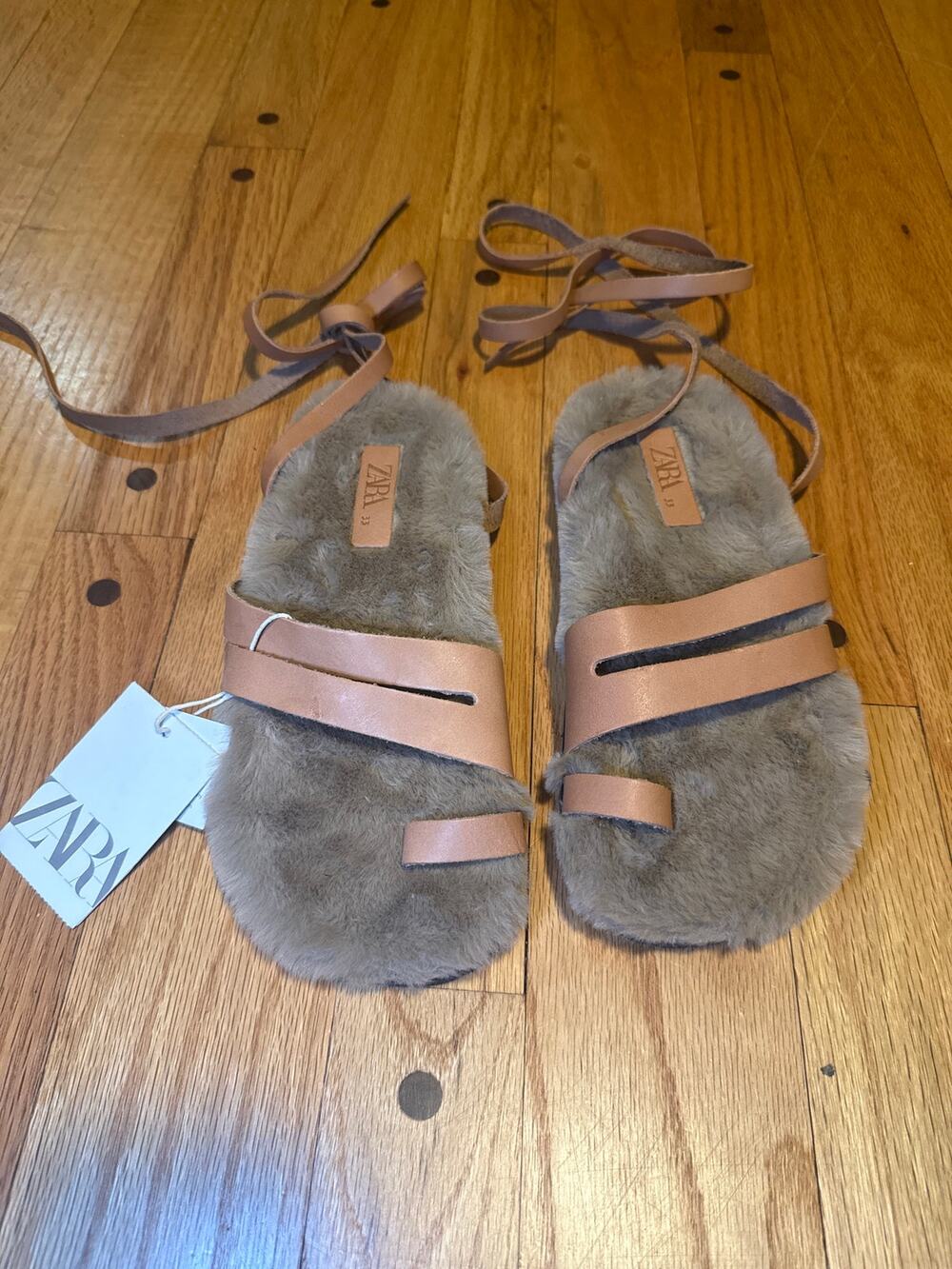 NWT Zara Fur Leather Sandals Marked 33 Fits Like Women’s US 8 READ